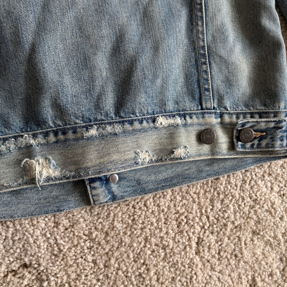 ABLE Women's Merly Denim Trucker Jacket Distressed Blue Closet Staple Sz Medium - Picture 11 of 14